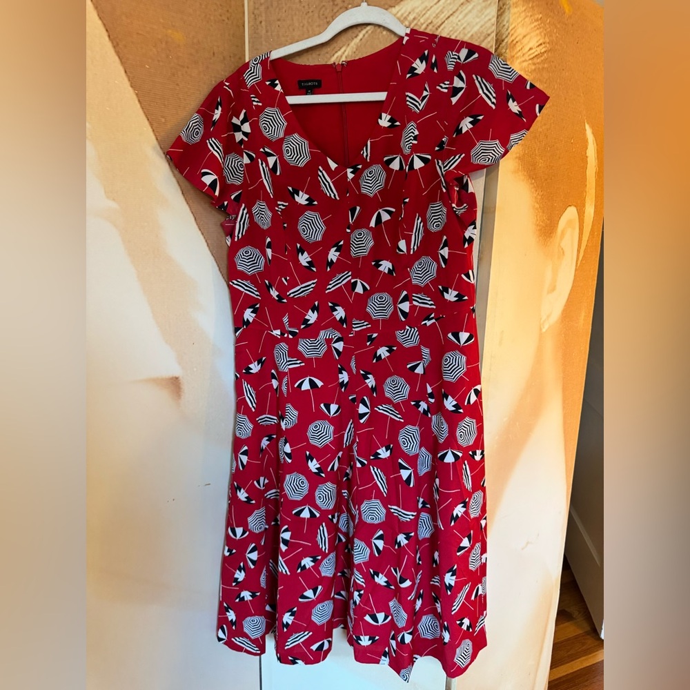 Talbots Red Dress with Black and White Umbrella Print